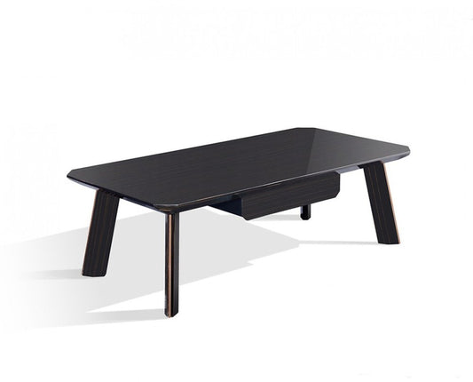 55" Ebony and Dark Brown Wood And Stainless Steel Coffee Table With Drawer