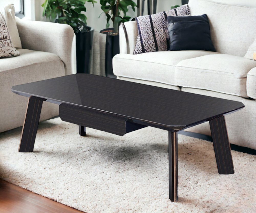 55" Ebony and Dark Brown Wood And Stainless Steel Coffee Table With Drawer