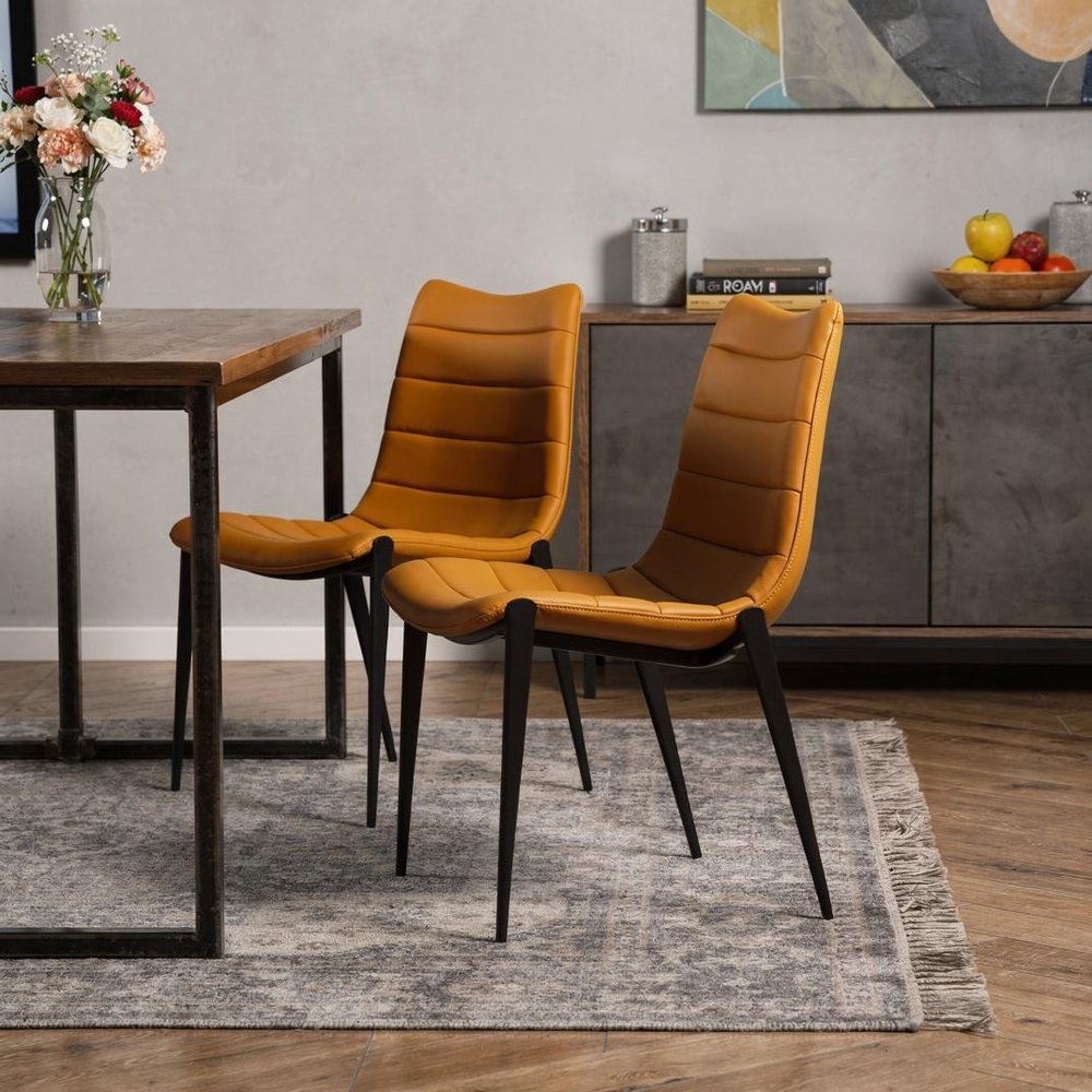 Set of Two Tan Faux Leather Industrial Dining Chairs