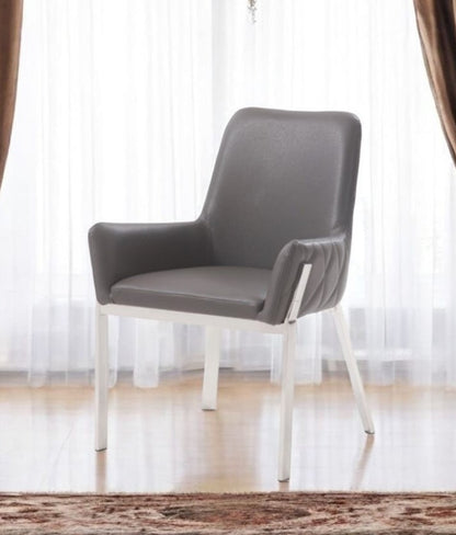 Gray And Silver Upholstered Faux Leather Dining Arm Chair