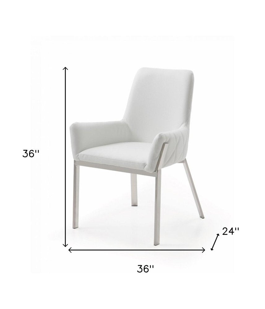 White and Silver Upholstered Faux Leather Dining Arm Chair