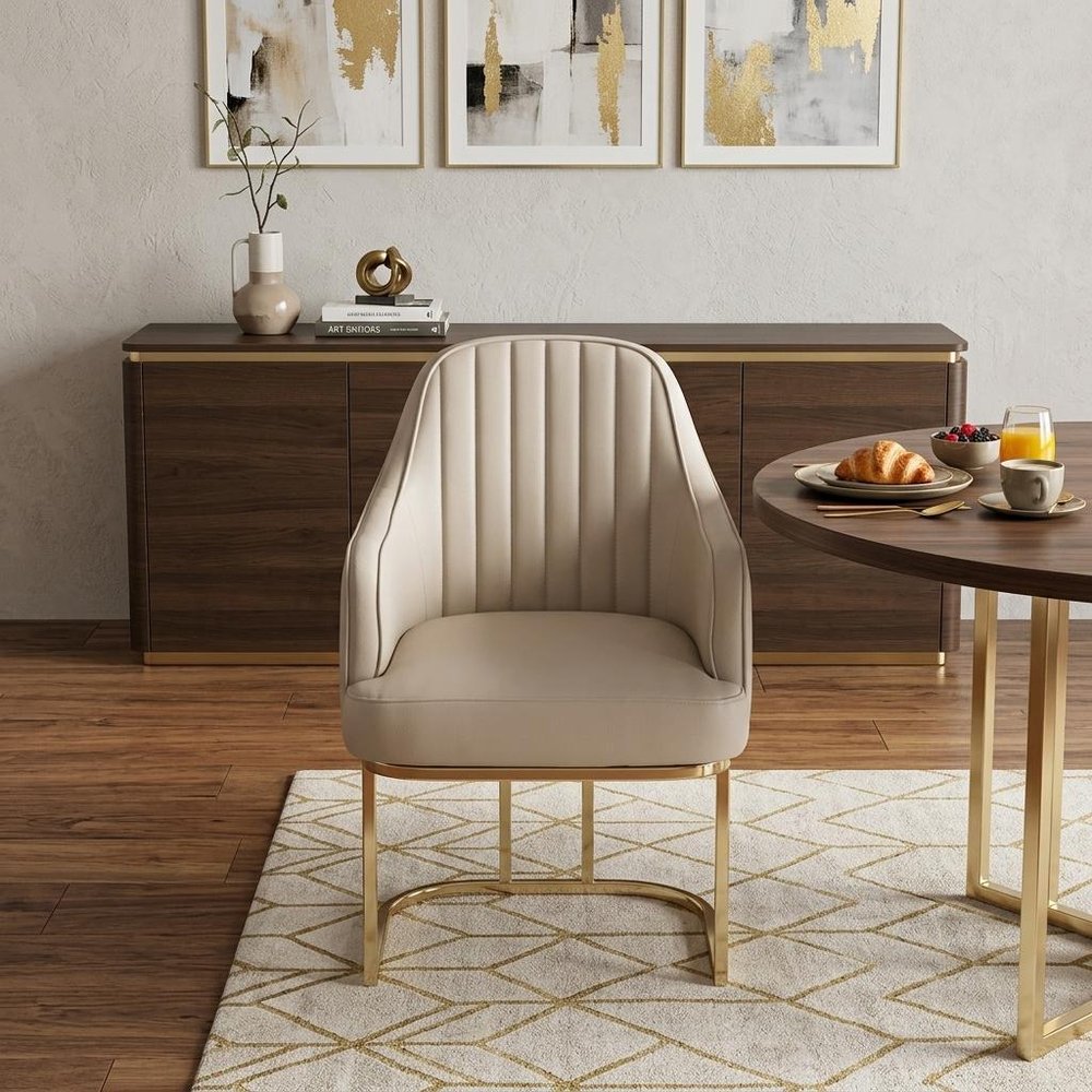 Gray and Gold Upholstered Fabric Dining Arm Chair