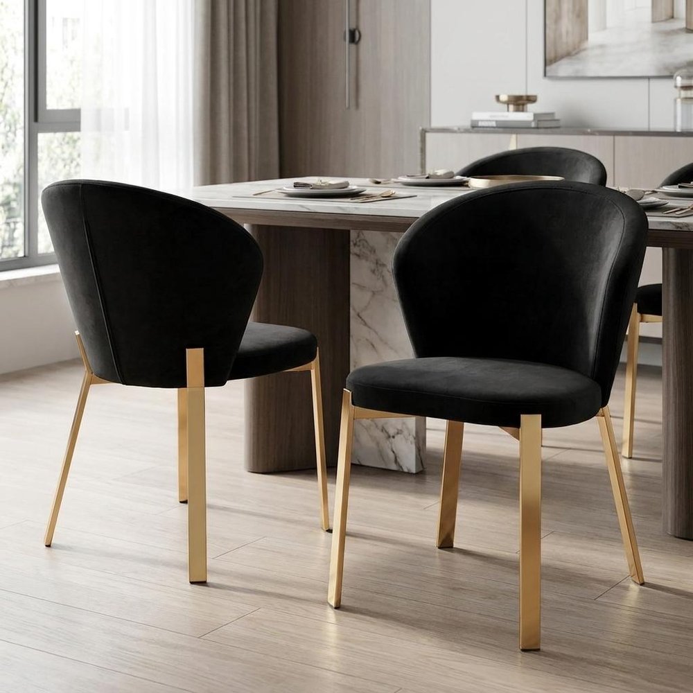 Set of Two Black and Champagne Upholstered Velvet Wing Back Dining Side Chairs