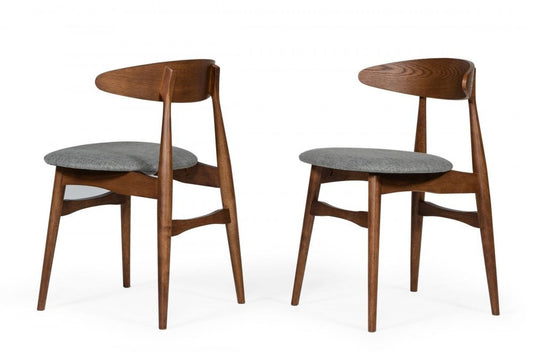 Set of Two Gray and Brown Upholstered Fabric Wishbone Back Dining Side Chairs