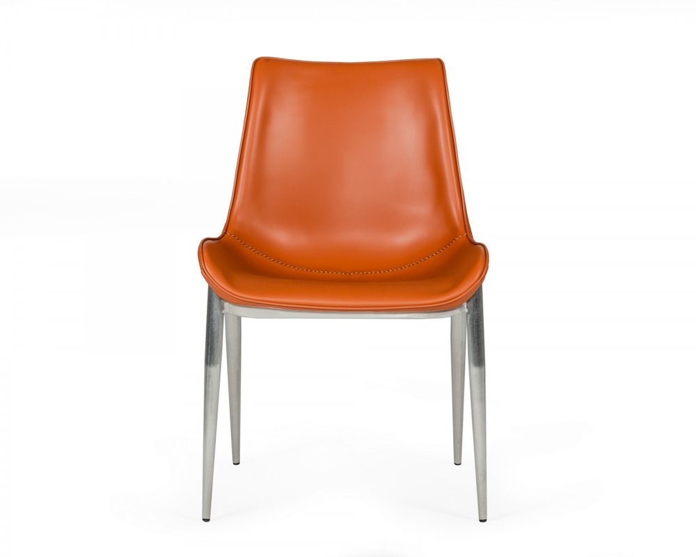 Set of Two Terra Cotta and Silver Upholstered Faux Leather Wing Back Dining Side Chairs