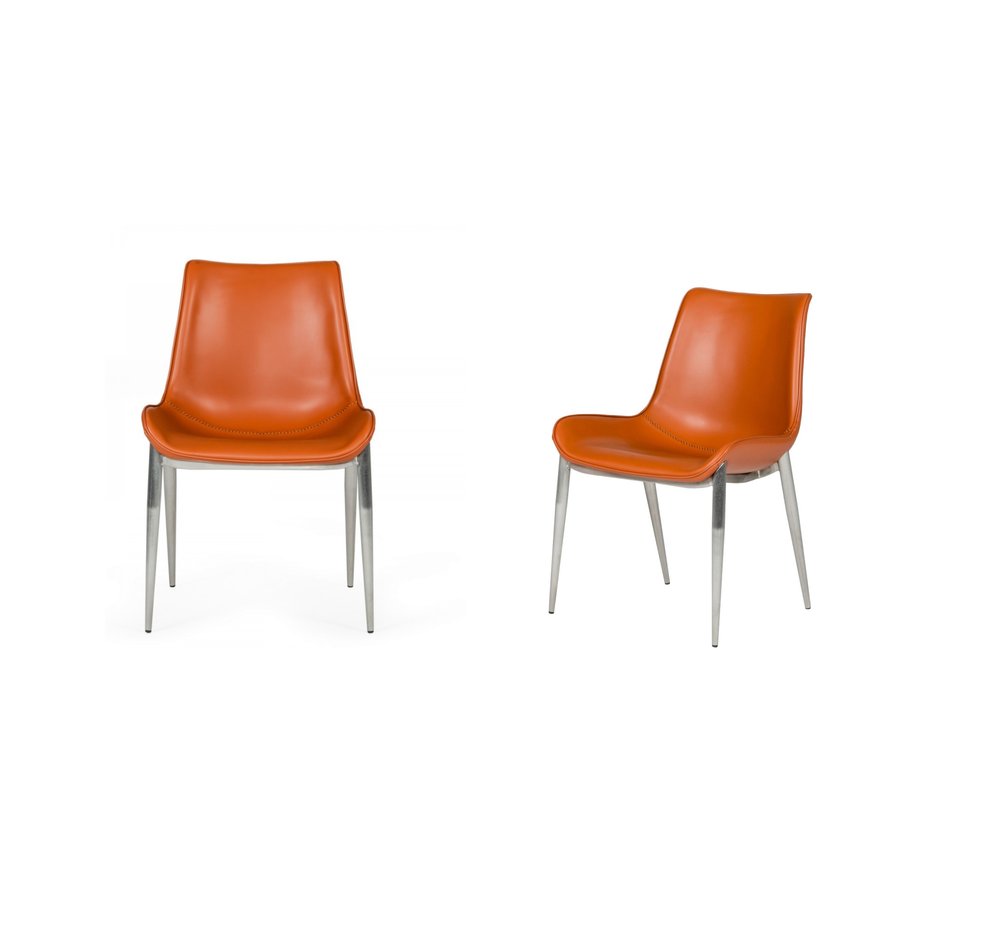 Set of Two Terra Cotta and Silver Upholstered Faux Leather Wing Back Dining Side Chairs