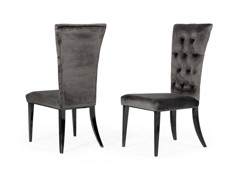 Set of Two Gray and Black Upholstered Velvet Dining Side Chairs