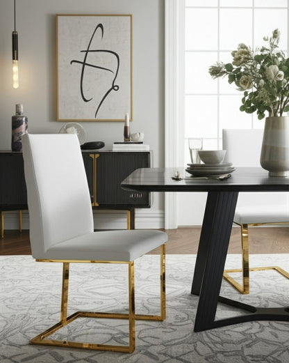White and Gold Upholstered Faux Leather Dining Side Chair