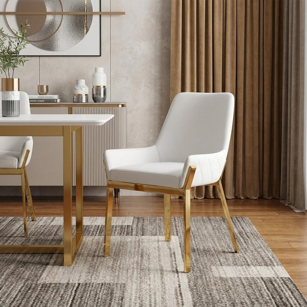White and Gold Upholstered Faux Leather Dining Arm Chair