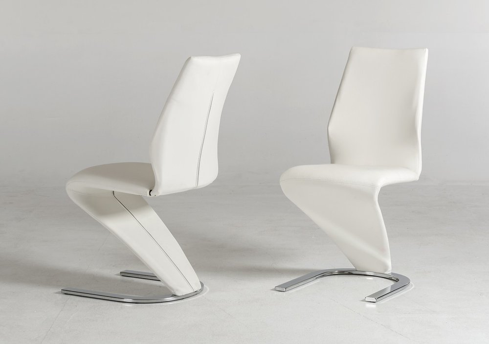 Set of Two White and Silver Upholstered Faux Leather Dining Side Chairs