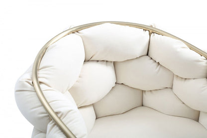 White and Brass Upholstered Fabric Dining Arm Chair