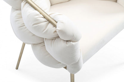 White and Brass Upholstered Fabric Dining Arm Chair