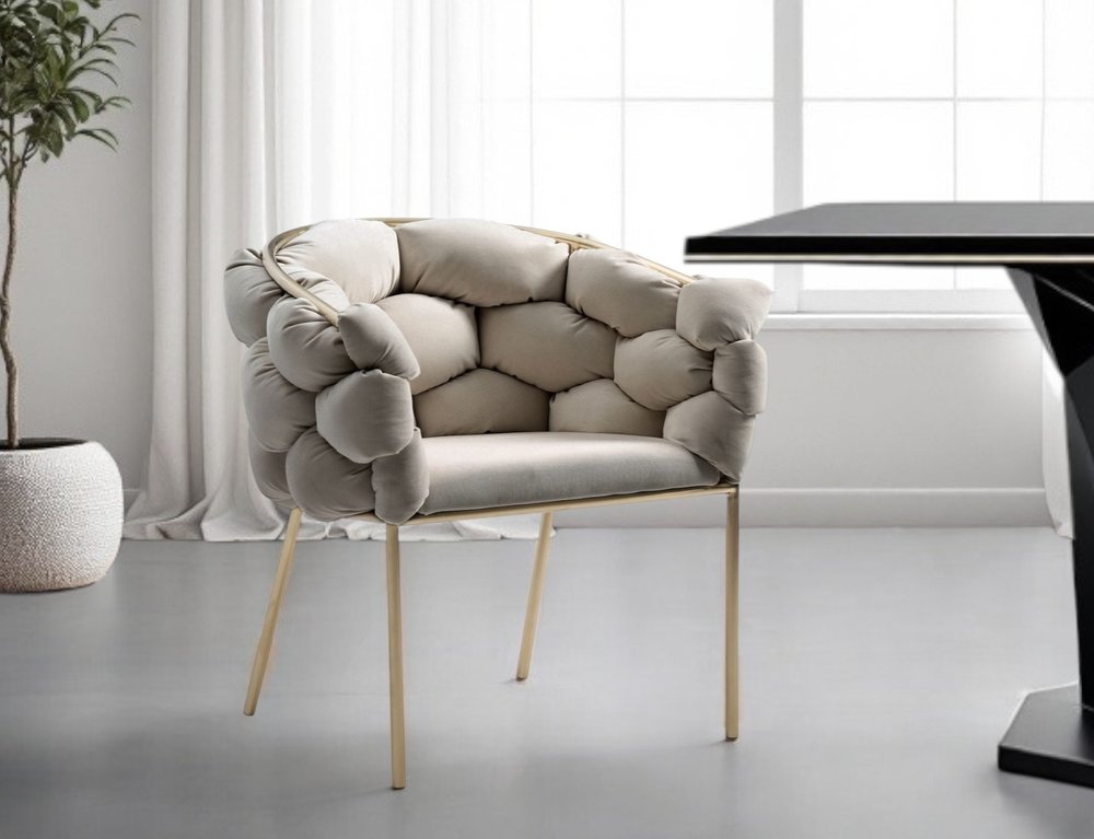 Tufted Gray And Brass Upholstered Velvet Dining Arm Chair