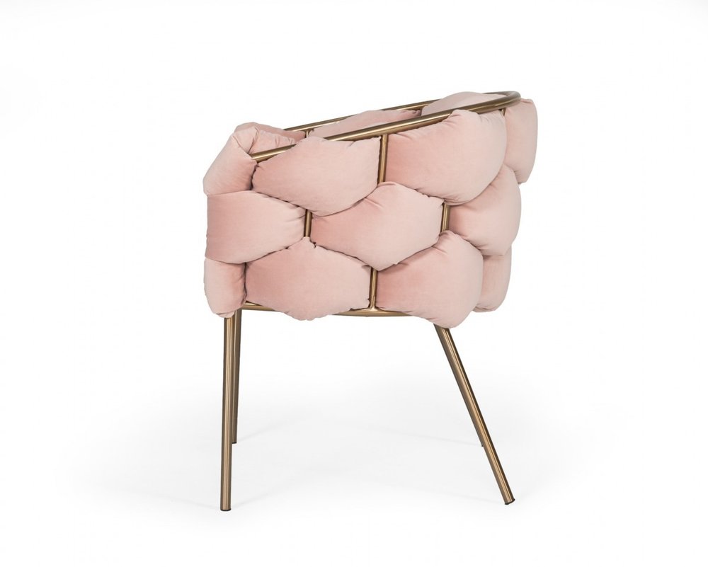 Pink and Brass Upholstered Fabric Dining Arm Chair