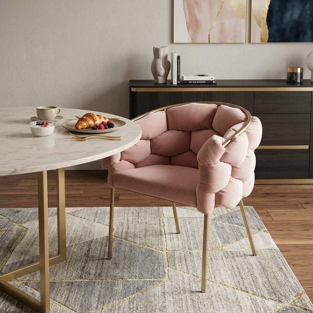 Pink and Brass Upholstered Fabric Dining Arm Chair