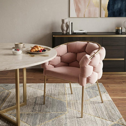 Pink and Brass Upholstered Fabric Dining Arm Chair