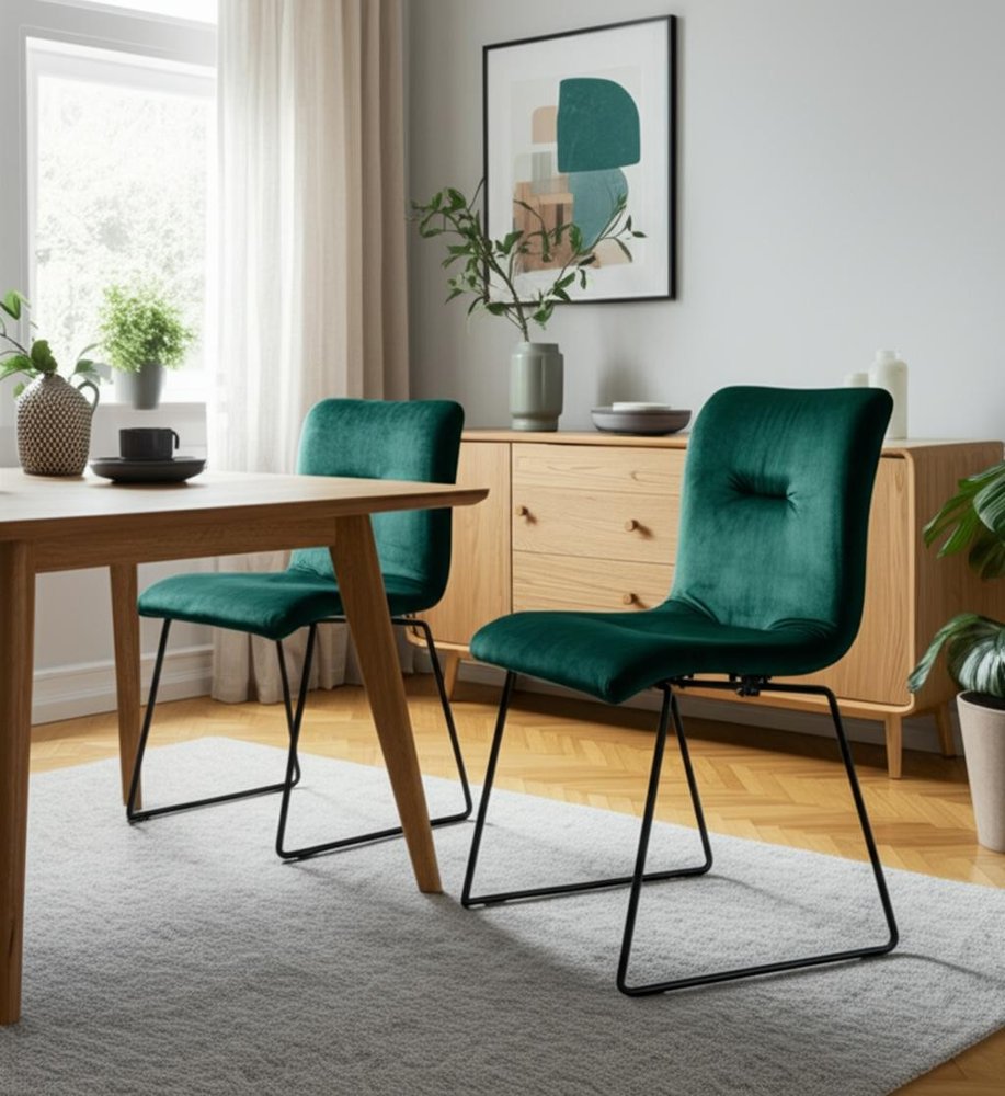 Set of Two Green and Black Upholstered Fabric Dining Side Chairs