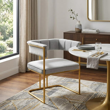Gray and Gold Upholstered Fabric Dining Arm Chair