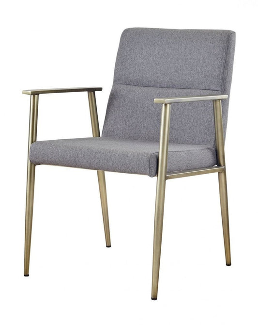 Gray and Antiqued Brass Upholstered Fabric Dining Arm Chair