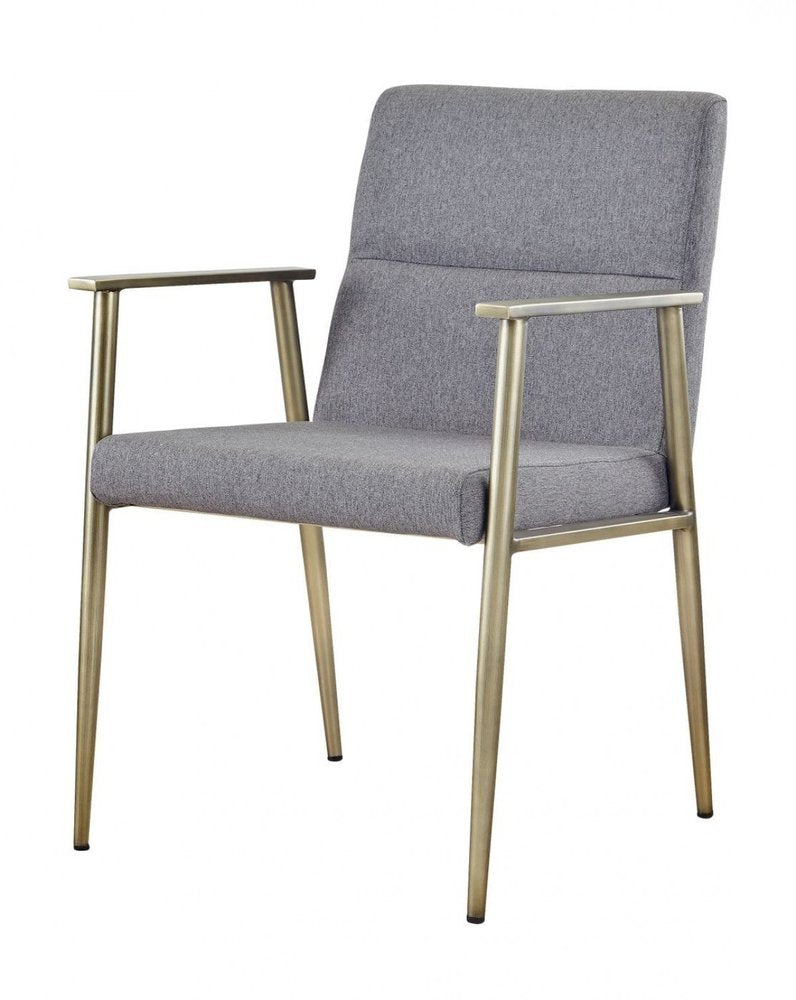Gray and Antiqued Brass Upholstered Fabric Dining Arm Chair