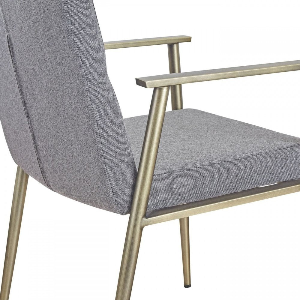 Gray and Antiqued Brass Upholstered Fabric Dining Arm Chair
