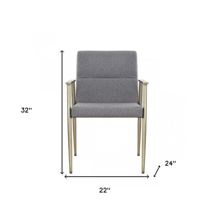 Gray and Antiqued Brass Upholstered Fabric Dining Arm Chair