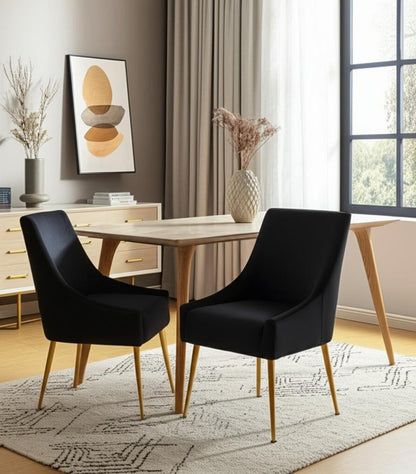 Set of Two Black and Gold Upholstered Velvet Wing Back Dining Arm Chairs