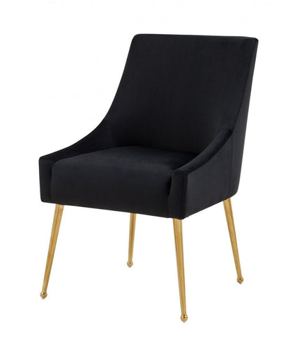 Set of Two Black and Gold Upholstered Velvet Wing Back Dining Arm Chairs