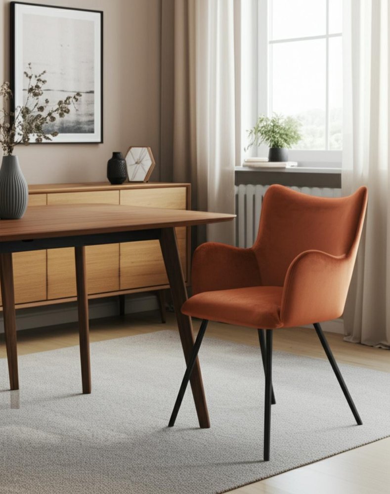 Orange and Black Upholstered Velvet Wing Back Dining Arm Chair