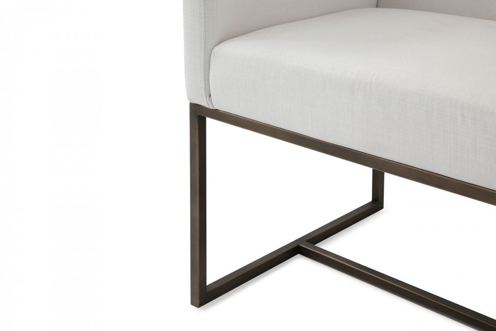 Off White and Antiqued Brass Upholstered Fabric Dining Arm Chair
