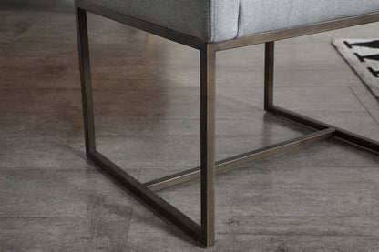 Gray and Antiqued Brass Upholstered Fabric Dining Arm Chair
