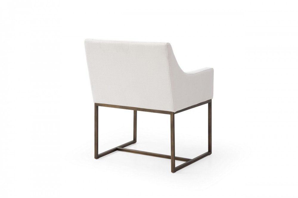 White and Brass Upholstered Fabric Dining Arm Chair