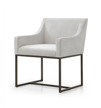 Beige and Antiqued Brass Upholstered Fabric Dining Arm Chair
