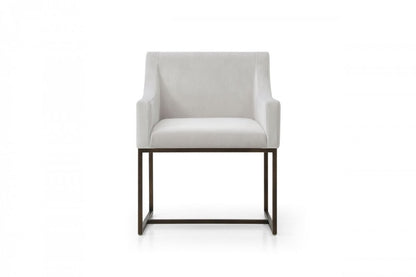 Beige and Antiqued Brass Upholstered Fabric Dining Arm Chair