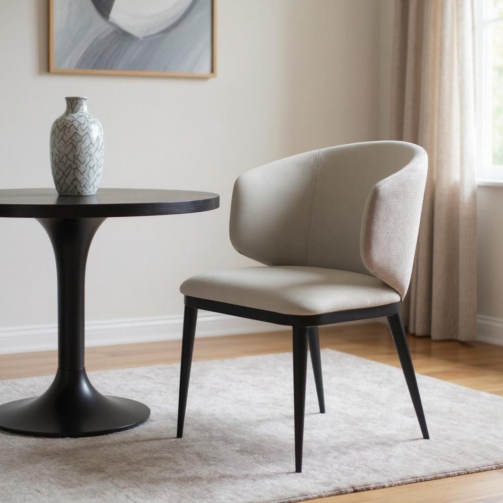 Beige and Black Upholstered Faux Leather Wing Back Dining Arm Chair
