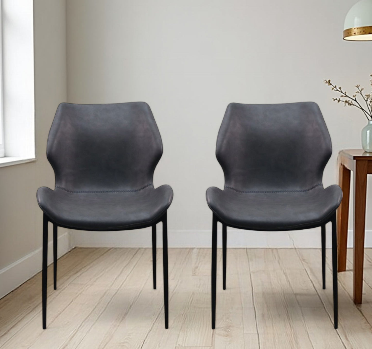 Set of Two Gray And Black Upholstered Faux Leather Wing Back Dining Side Chairs