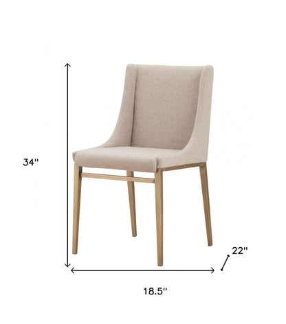 Set of Two Beige and Antiqued Brass Upholstered Fabric Wing Back Dining Side Chairs
