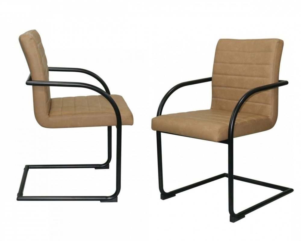 Set of Two Tan and Black Upholstered Faux Leather Dining Arm Chairs