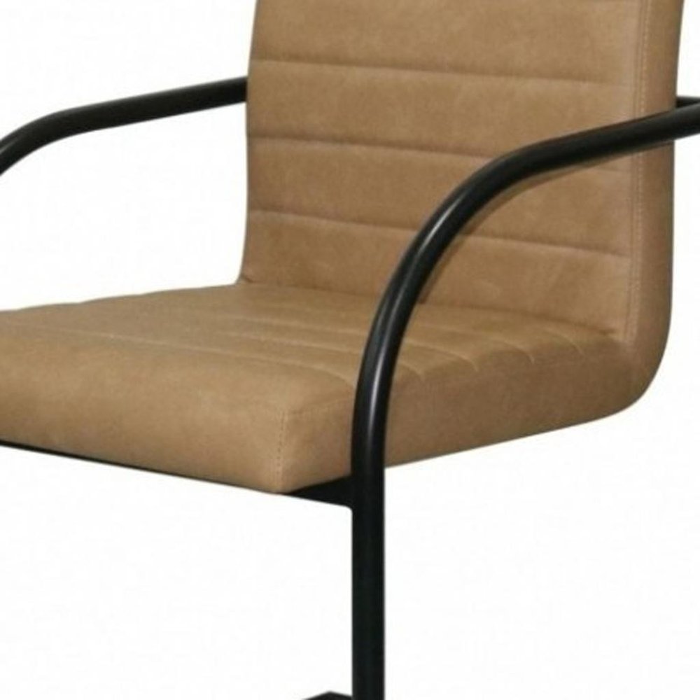 Set of Two Tan and Black Upholstered Faux Leather Dining Arm Chairs