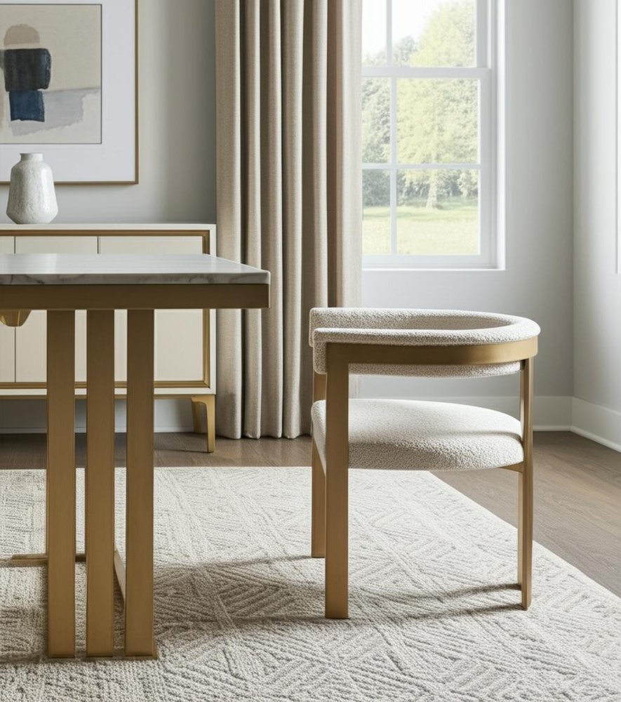 Beige and Gold Upholstered Velvet Slat Back Dining Arm Chair