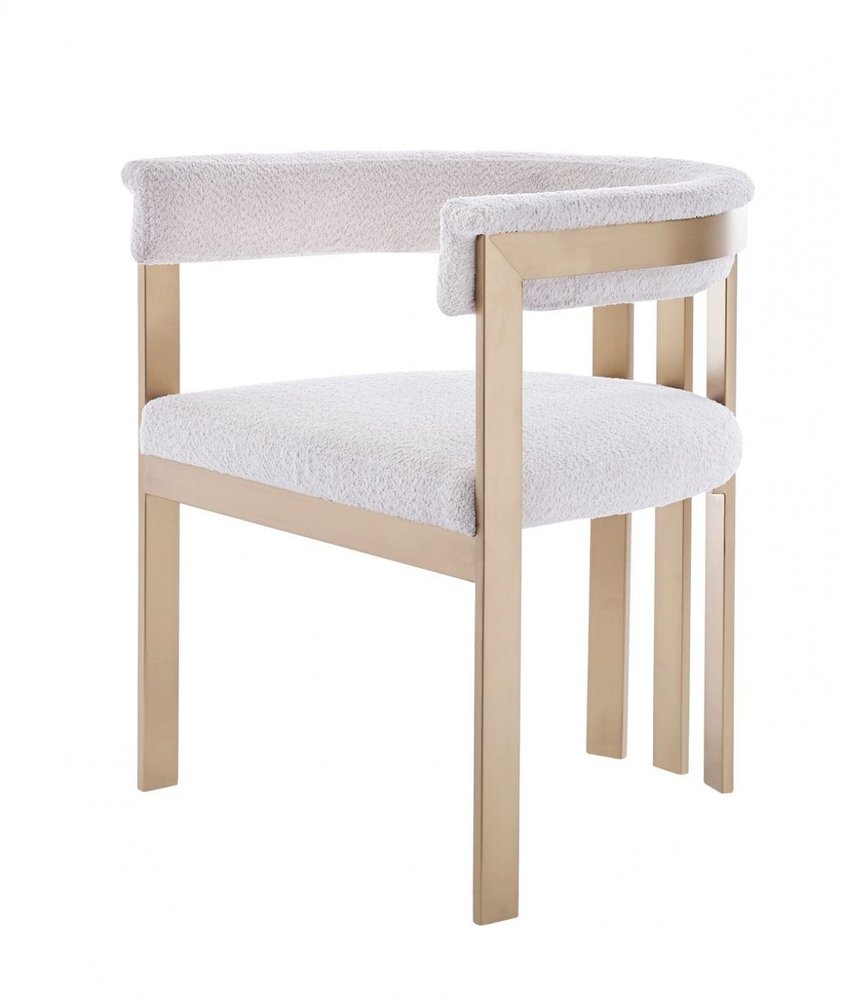 Beige and Gold Upholstered Velvet Slat Back Dining Arm Chair