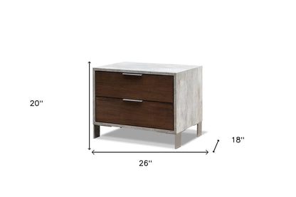 Modern Dark Walnut and Concrete Nightstand with Two Drawers