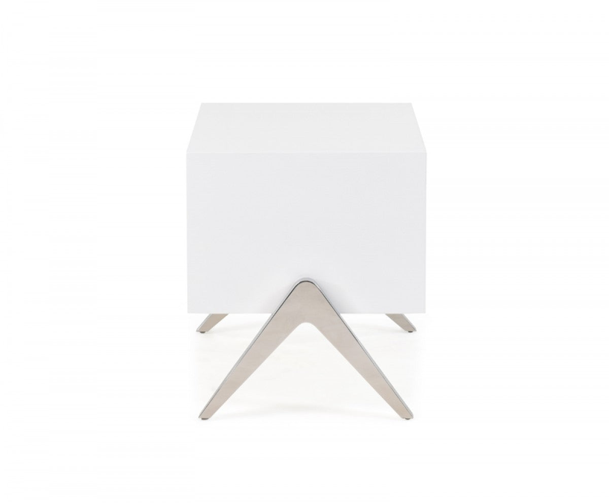 Modern Silky White Nightstand with One Drawer and Steel Legs