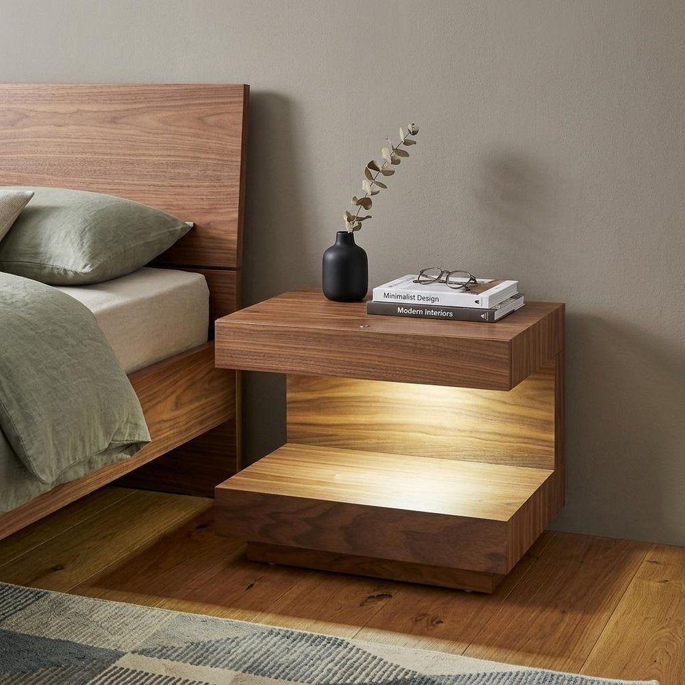 Contemporary LED Lit Walnut Nightstand with One Drawer