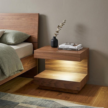 Contemporary LED Lit Walnut Nightstand with One Drawer