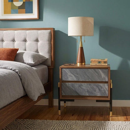 Mid Century Walnut and Gray Faux Marble Two Drawer Nightstand