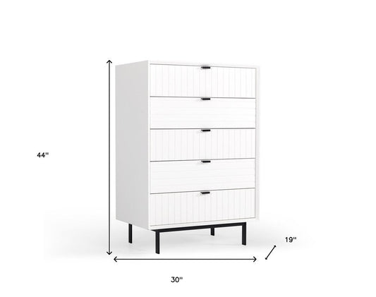 30" White Solid Wood Five Drawer Dresser