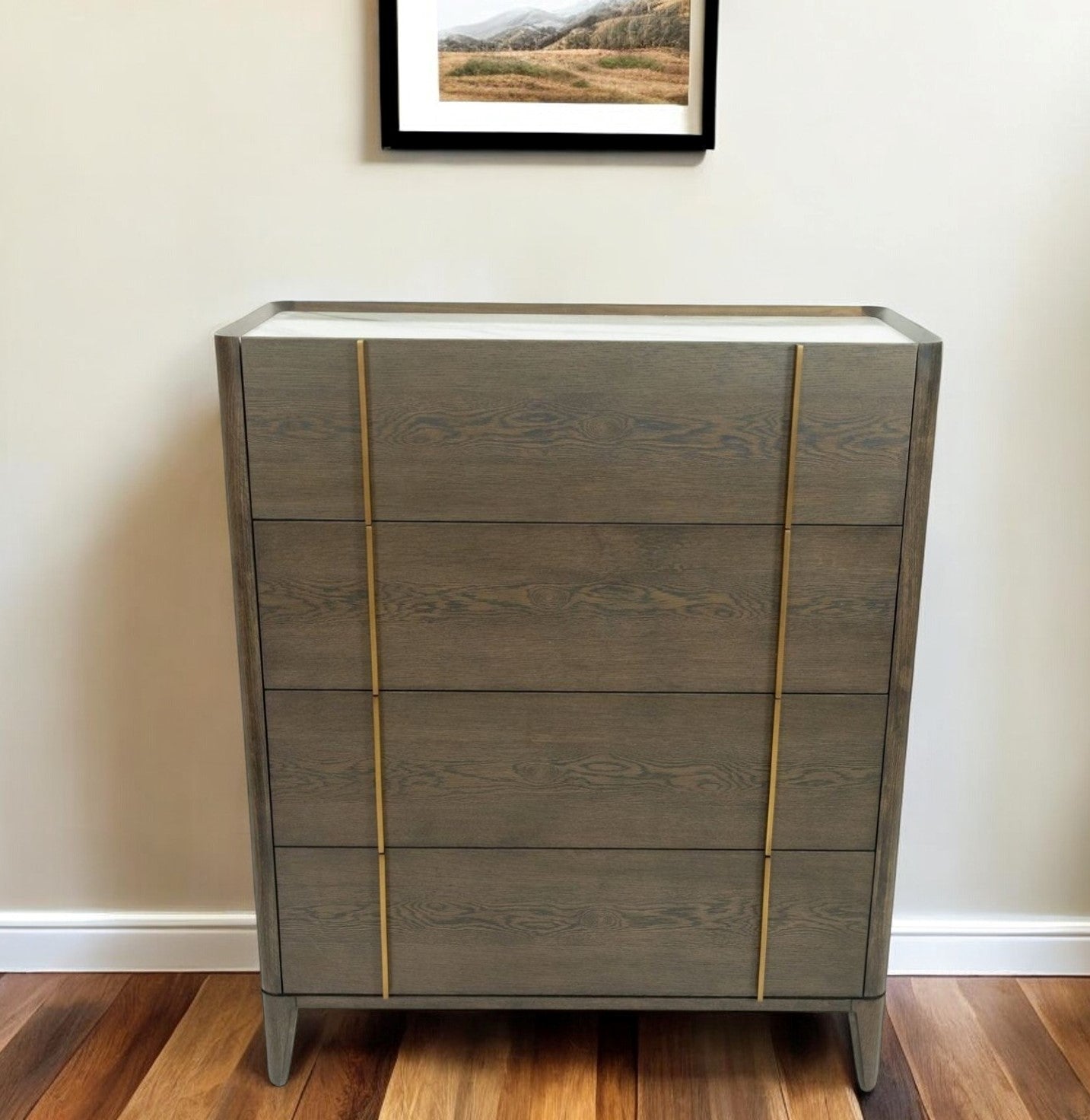 39" Dark Brown and gold Solid Wood Four Drawer Dresser