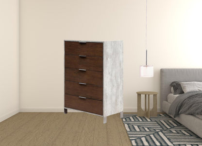 35" Dark Brown And Gray Wood Five Drawer Dresser