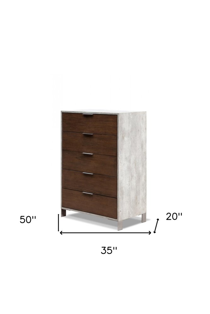 35" Dark Brown And Gray Wood Five Drawer Dresser